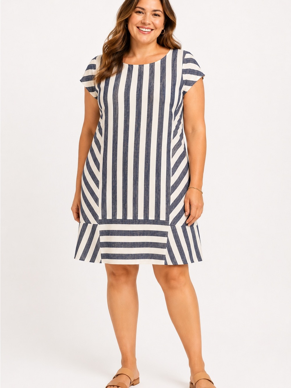 For Cynthia cotton linen blend‎ Navy and White Striped ruffle Shift Dress L